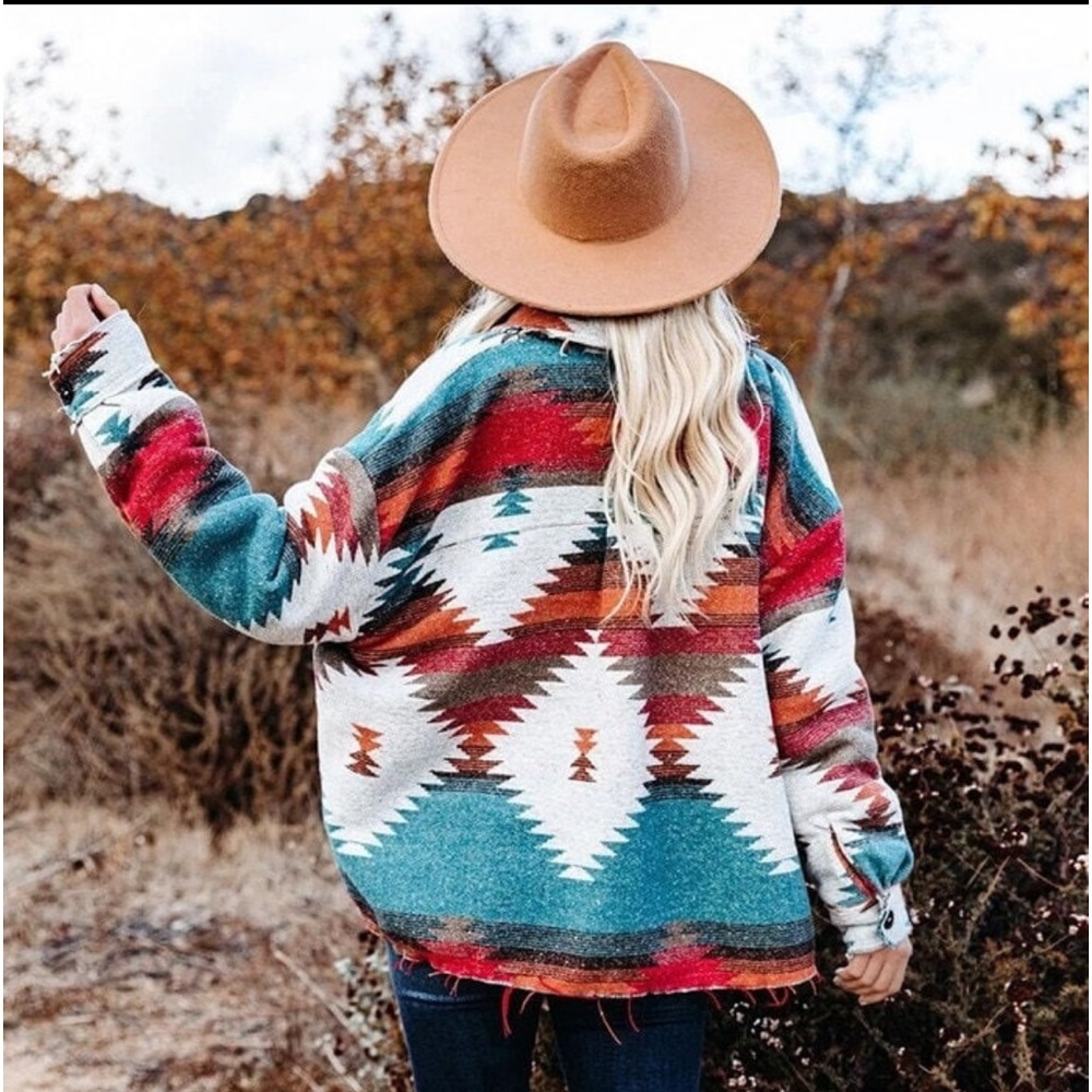 Aztec Western Distressed Button Pocket Shacket Ye… - image 7